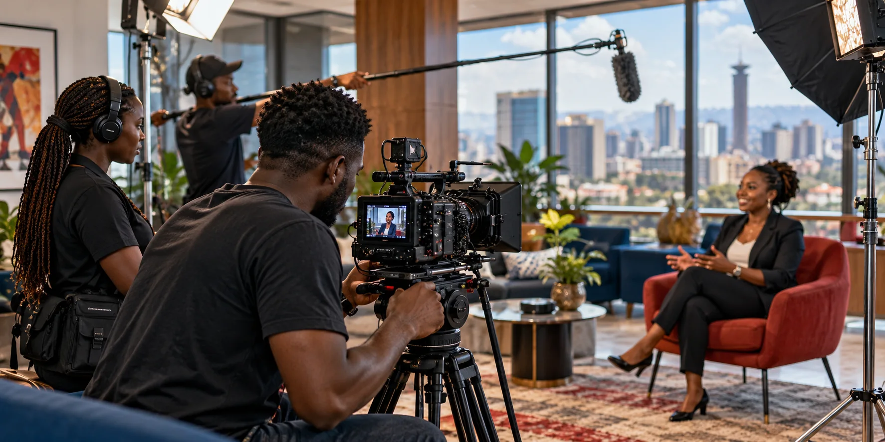 Production crew recording a business interview