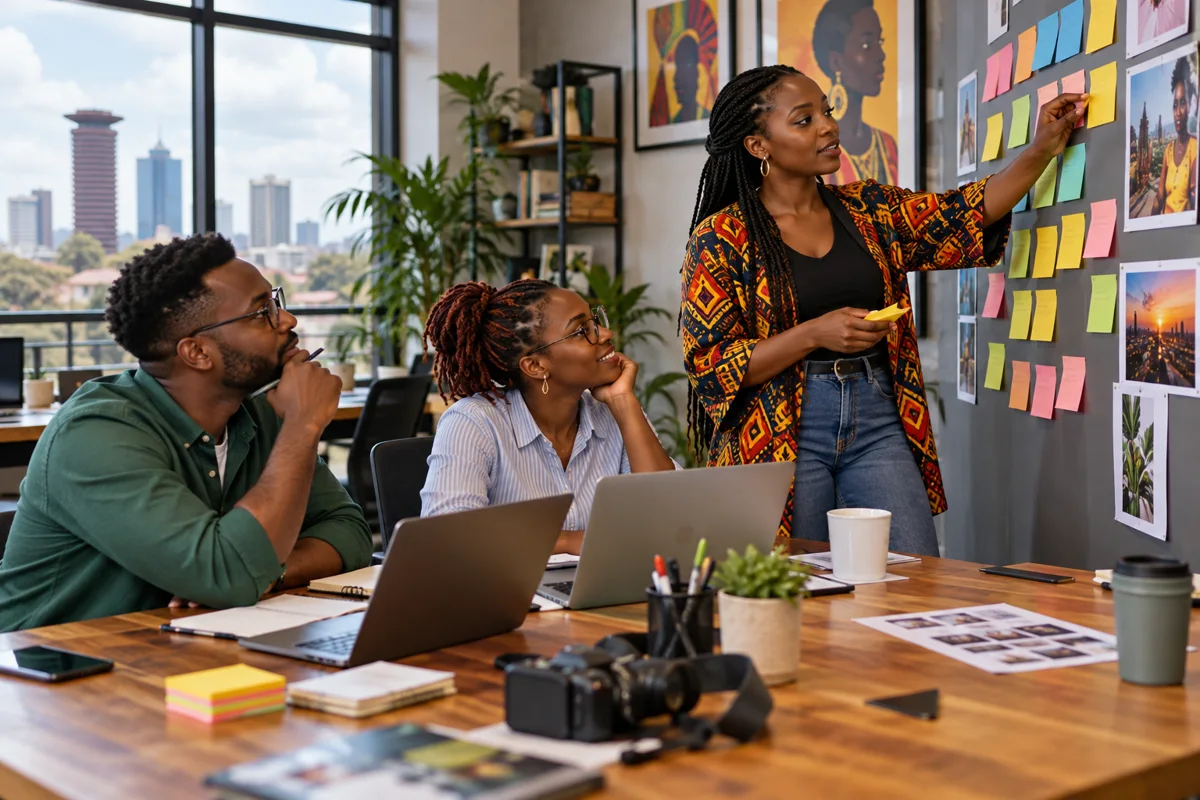 Kenyan social media team planning a content calendar with sticky notes